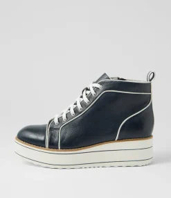 Women TOP END Boots|Wedges-Nirra Navy White Leather Patent Lace Up Boots