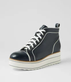 Women TOP END Boots|Wedges-Nirra Navy White Leather Patent Lace Up Boots