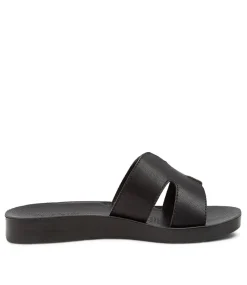 Women DIANA FERRARI Slides|Flats-Nokker Black Leather Slides