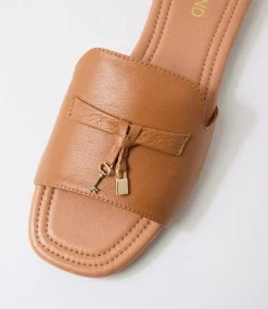 Women TOP END Slides|Flats-Nolles Dark Tan Leather Slides