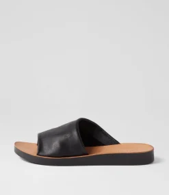 Women DIANA FERRARI Slides|Flats-Nomen Black Leather Slides