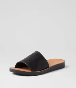 Women DIANA FERRARI Slides|Flats-Nomen Black Leather Slides