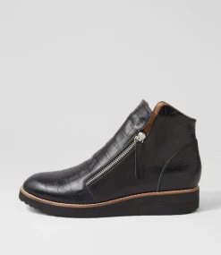 Women TOP END Boots-Ohmyes Black Croc Leather Ankle Boots
