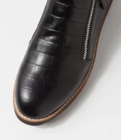 Women TOP END Boots-Ohmyes Black Croc Leather Ankle Boots