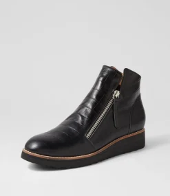 Women TOP END Boots-Ohmyes Black Croc Leather Ankle Boots