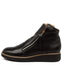 Women TOP END Boots|Wedges-Opal Black Leopard Leather Fur Ankle Boots