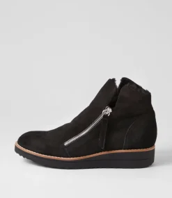 Women TOP END Boots|Wedges-Opal Black Suede Fur Ankle Boots