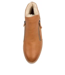 Women TOP END Boots|Wedges-Opal Dark Tan Beige Leather Fur Ankle Boots
