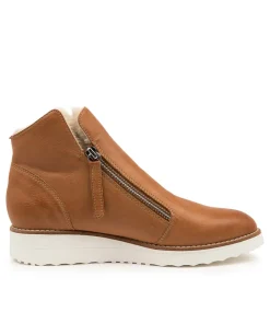 Women TOP END Boots|Wedges-Opal Dark Tan Beige Leather Fur Ankle Boots