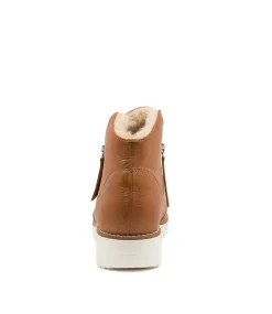 Women TOP END Boots|Wedges-Opal Dark Tan Beige Leather Fur Ankle Boots