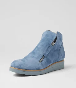 Women TOP END Boots|Wedges-Opal Denim Spot Suede Fur Ankle Boots