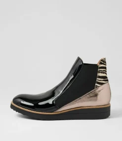Women TOP END Boots|Wedges-Osiel Black Metallic Zebra Patent Multi Ankle Boots
