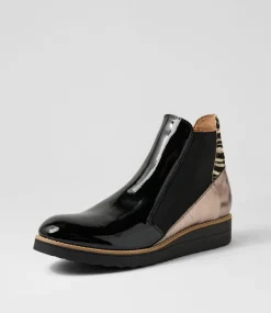 Women TOP END Boots|Wedges-Osiel Black Metallic Zebra Patent Multi Ankle Boots
