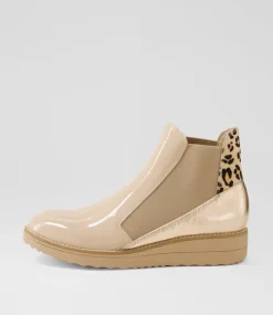 Women TOP END Boots|Wedges-Osiel Cappuccino Nude Leopard Patent Multi Chelsea Boots