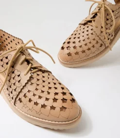 Women TOP END Flats-Ozippy Camel Leather Lace Up Flats
