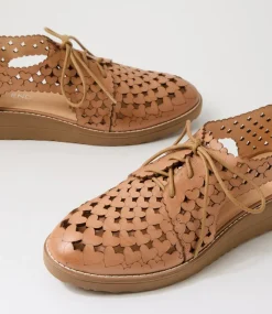 Women TOP END Flats-Ozippy Dark Tan Light Choc Leather Lace Up Flats