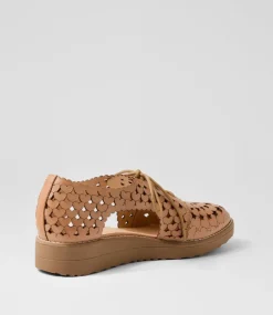 Women TOP END Flats-Ozippy Dark Tan Light Choc Leather Lace Up Flats