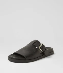 Women TOP END Slides|Flats-Raimo Black Leather Slides