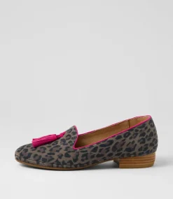 Women DIANA FERRARI Flats|Loafers-Ranne Grey Leopard Fuchsia Suede Loafers