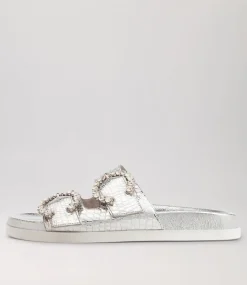 Women TOP END Flats|Sandals-Rennes Silver Croc Leather Sandals