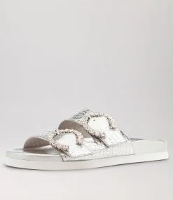 Women TOP END Flats|Sandals-Rennes Silver Croc Leather Sandals