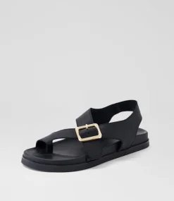 Women TOP END Flats|Sandals-Rikkel Black Leather Sandals
