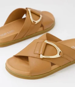 Women TOP END Flats|Slides-Roule Dark Tan Leather Slides