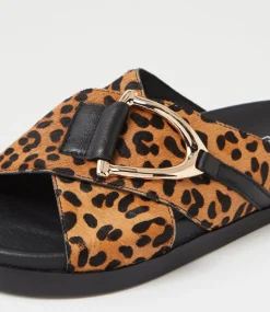 Women TOP END Slides|Flats-Roule Tan Leopard Black Leather Slides