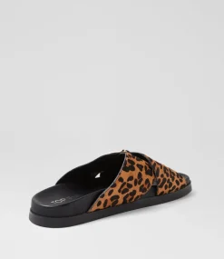 Women TOP END Slides|Flats-Roule Tan Leopard Black Leather Slides