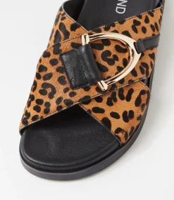 Women TOP END Slides|Flats-Roule Tan Leopard Black Leather Slides