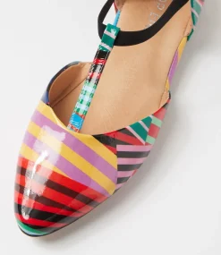 Women TOP END Flats-Saddie Black Stripe Multi Patent Leather Flat Shoes