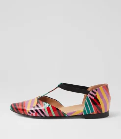 Women TOP END Flats-Saddie Black Stripe Multi Patent Leather Flat Shoes