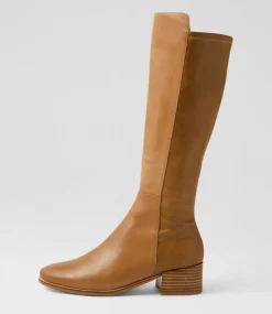 Women DIANA FERRARI Boots-Simsin Mid Tan Leather Stretch Knee High Boots