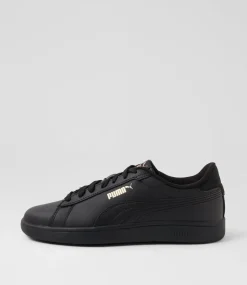 PUMA Sport School Shoes|Senior School Shoes-Smash 3 L Black Gold Leather Sneakers