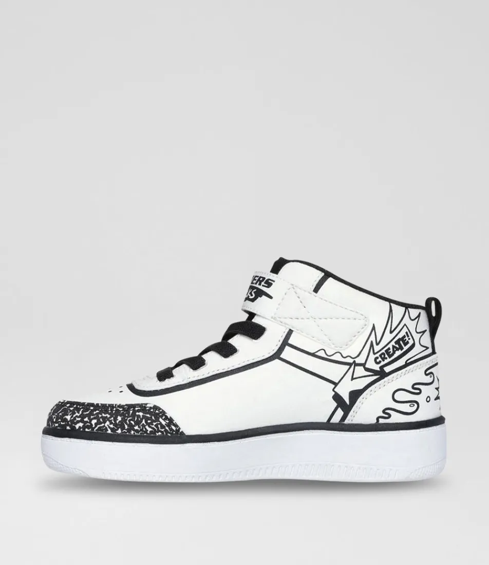 SKECHERS Sport School Shoes-Sport Court 92 Colour Junior White Black Fabric Sneakers