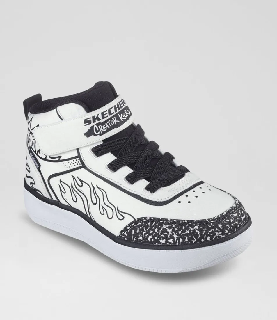 SKECHERS Sport School Shoes-Sport Court 92 Colour Junior White Black Fabric Sneakers