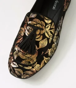 Women DIANA FERRARI Loafers|Flats-Tada Gold Floral Black Suede Loafers