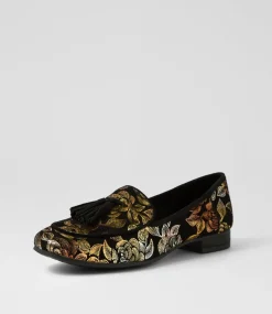 Women DIANA FERRARI Loafers|Flats-Tada Gold Floral Black Suede Loafers