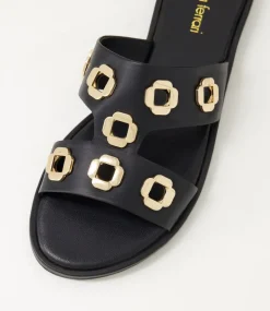 Women DIANA FERRARI Slides|Flats-Tarala Black Leather Slides