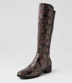 Women I LOVE BILLY Boots-Telli2 Black Floral Stretch Knee High Boots