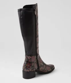 Women I LOVE BILLY Boots-Telli2 Black Floral Stretch Knee High Boots