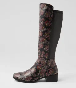 Women I LOVE BILLY Boots-Telli2 Black Floral Stretch Knee High Boots