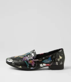 Women DIANA FERRARI Dress|Loafers-Temimie Black Base Floral Leather Flat Shoes