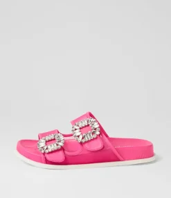 Women TOP END Flats|Slides-Toastey Hot Pink Leather Mesh Slides
