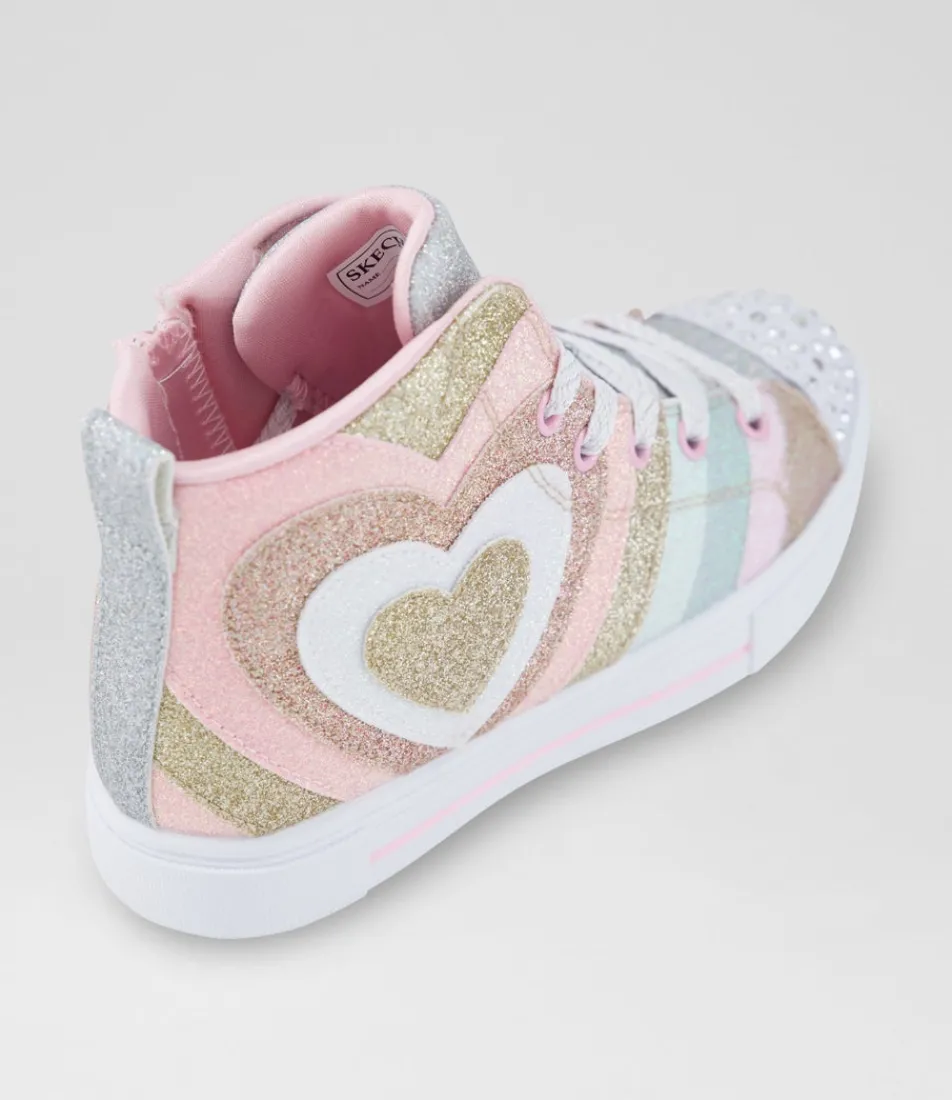 SKECHERS Sport School Shoes-Twinkle Sparks Junior Gold Pink Silver Canvas Fabric Sneakers
