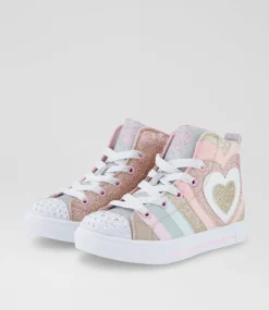 SKECHERS Sport School Shoes-Twinkle Sparks Junior Gold Pink Silver Canvas Fabric Sneakers