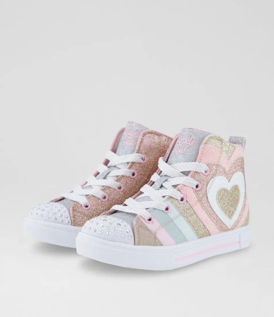 SKECHERS Sport School Shoes-Twinkle Sparks Junior Gold Pink Silver Canvas Fabric Sneakers