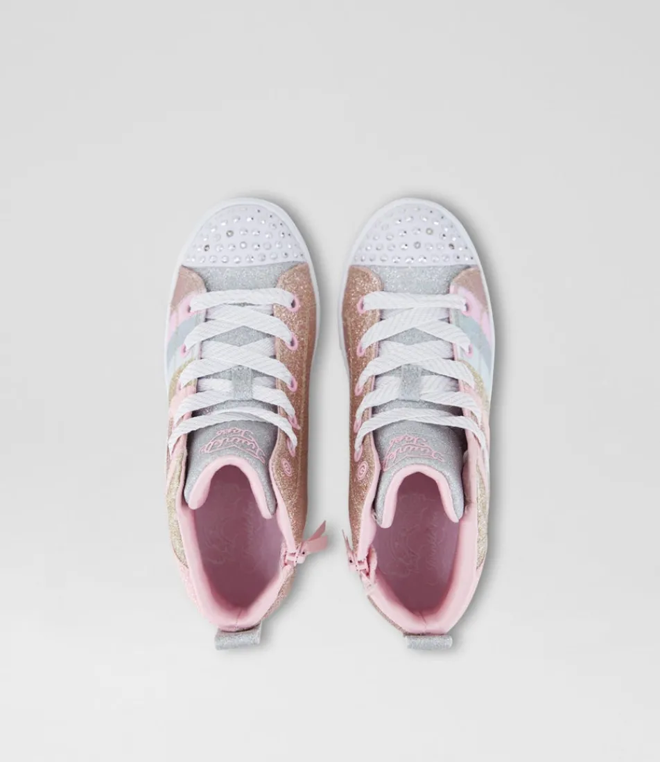 SKECHERS Sport School Shoes-Twinkle Sparks Junior Gold Pink Silver Canvas Fabric Sneakers