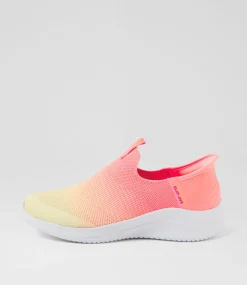 Women SKECHERS Sneakers-Ultra Flex 3 Beauty Blend Neon Pink Yellow Mesh Sneakers