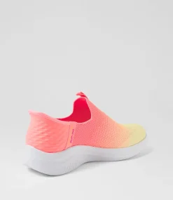 Women SKECHERS Sneakers-Ultra Flex 3 Beauty Blend Neon Pink Yellow Mesh Sneakers
